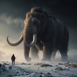 a person standing next to an elephant on snow covered ground