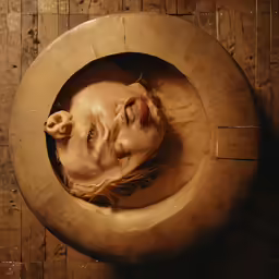 a woman wearing a headdress in a wooden bowl