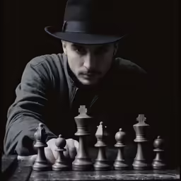 a man is holding a chess board and has a hat on