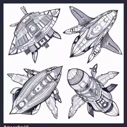 several drawings of various types of spaceships