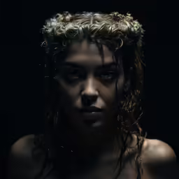 woman with wet hair and makeup looks serious