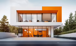 an orange and white building with lots of windows