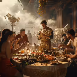 a group of people that are standing around a table