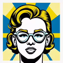 a portrait of a woman with big glasses,an illustrated portrait in glasses of a woman with green hair