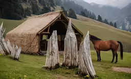a horse standing in a field by a thatched roof house