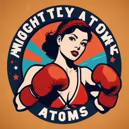 a painting of a woman with boxing gloves on,a girl wearing boxing gloves and a t - shirt has words midnight city atoms