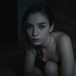 a woman sitting naked on top of a bed