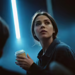 a woman holding a coffee cup and staring at something in her hand