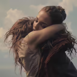 a young woman hugging a man and the sky is blue