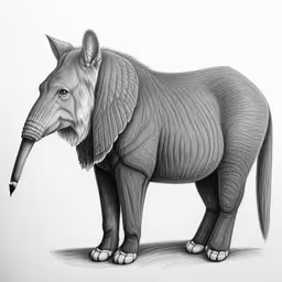 a drawing of an elephant is shown in this image,an armadile with its long horn in black and white