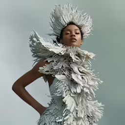 a woman with a very large feather dress
