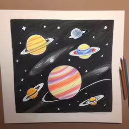 a drawing of a solar system on top of a card