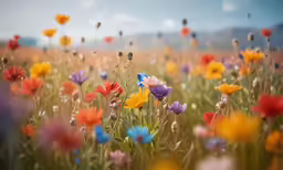 many different colors of flowers with a sky background