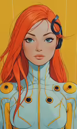 a girl with long red hair and blue eyes in front of a yellow background