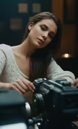 the woman with the camera is posing for the picture