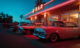 several cars are lined up outside a car show