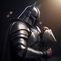 a knight in a black suit holding a shield