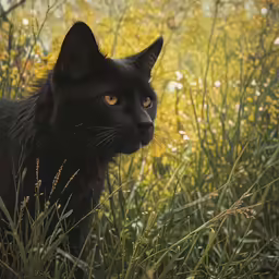 a black cat looking out at the camera in a field