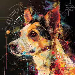 a colorful painting of a dog on a black background,the portrait of a dog is shown, in an art print