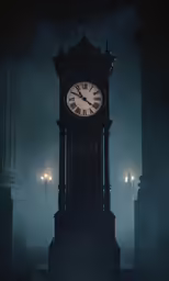 a black and white clock tower with several lights