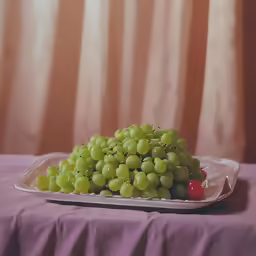 a white plate with some green grapes and a cherry on it