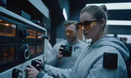 two people holding up video cameras next to a stereo and radio