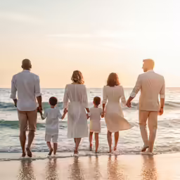 a family walking on the beach at sunset