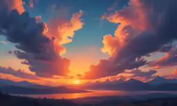 a sunset view looking over some hills and lake