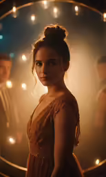 a woman in a dress standing next to a mirror