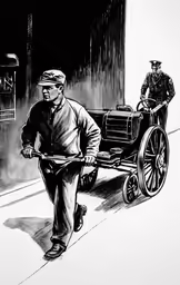 a man pulling a cart with a man on it