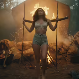 a woman is holding poles while dancing around a campfire