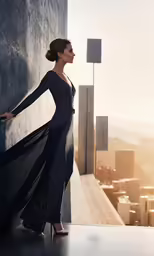 an elegant lady in long black dress leaning on a wall