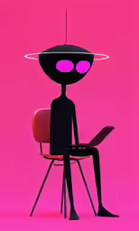 an alien on a chair looking at his laptop
