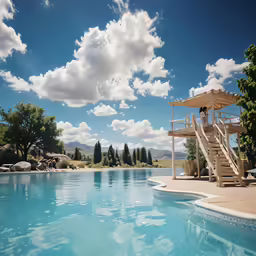 this is an image of a pool that has a wooden dock