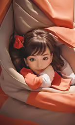a little asian girl is laying in a little bed