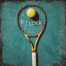 there is a tennis racket with an orange ball on it