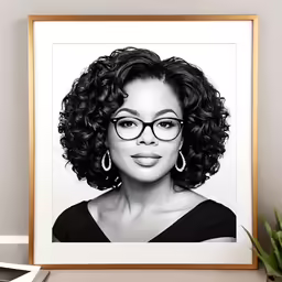 a portrait of a woman wearing glasses is framed by a golden frame