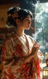 a woman in kimono smoking a cigarette with her eyes closed