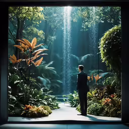 the man is standing near a wall filled with flowers
