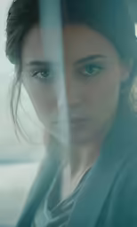 a girl sitting behind a sheer curtain looks into the distance