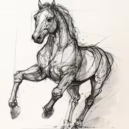 an ink drawing of a horse that has just been captured