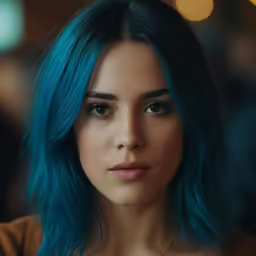 a woman with blue hair looks to the right