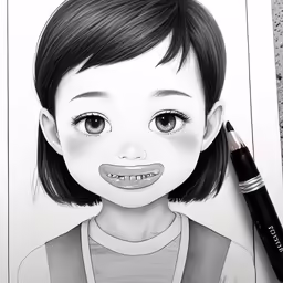 a black and white drawing of a girl