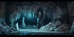 a very big cave with a pretty girl in it