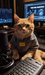 an orange cat in a grey t shirt sitting next to a microphone