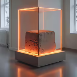 an art object in a glass case with light coming from above it