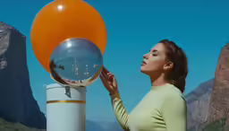 a woman is holding an orange ball above a silver object