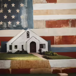 there is a small white church at the end of a lawn