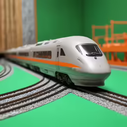 a model train that is on a rail line
