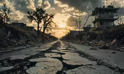 a large long dirty road with a house and some trees